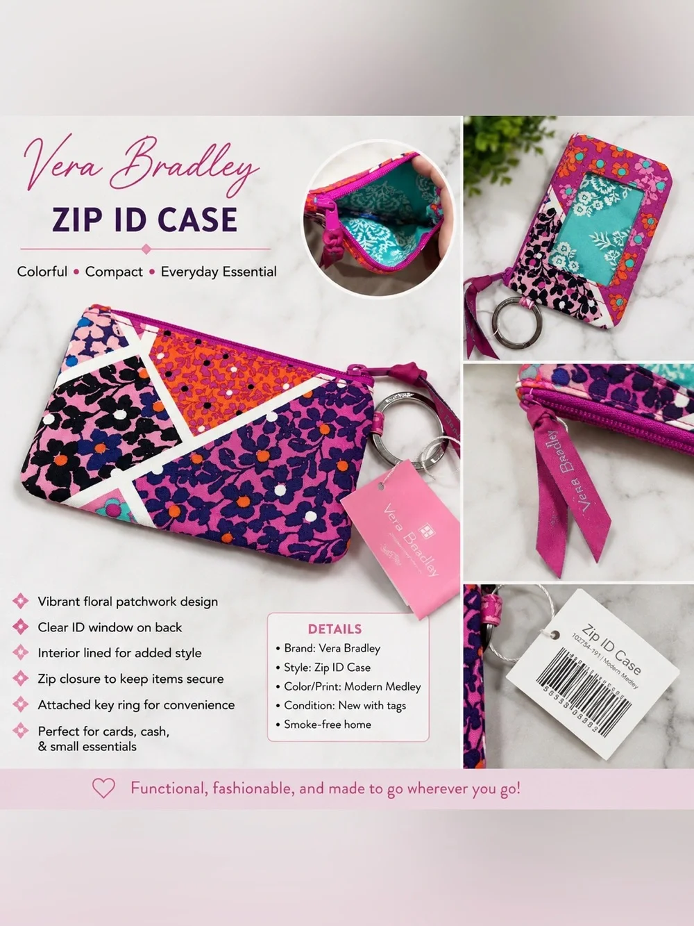 Vera Bradley Zip ID Case Keychain Wallet – Modern Medley Print | NWT